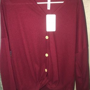 Merlot/wine knit tie front top NWT!